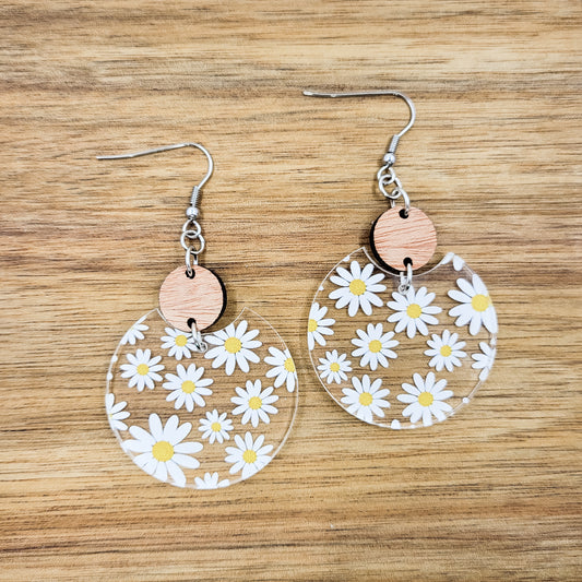 White Dasies Acrylic Semi Circle Dangle Earrings