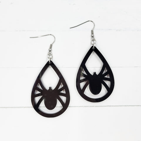 Spider Black Acrylic Teardrop Dangle Earrings