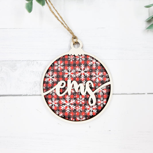 EMS Round Wooden Ornament - Plaid Snowflakes