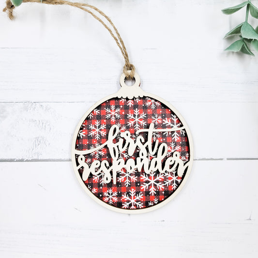 First Responder Round Wooden Ornament - Plaid Snowflakes