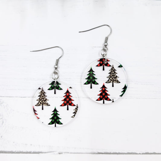 Plaid Trees Circle Acrylic Dangle Earrings