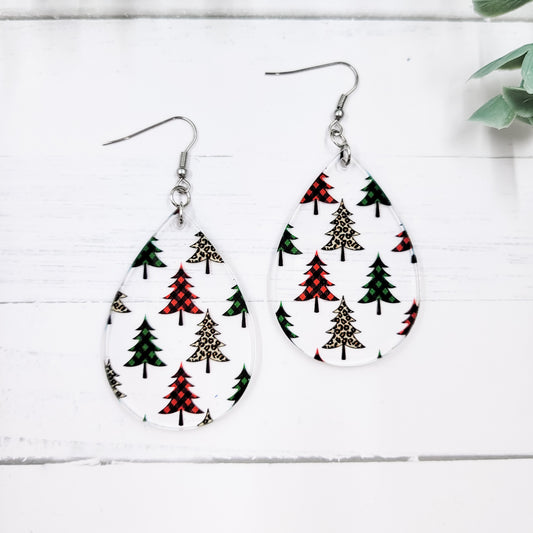 Plaid Trees Teardrop Acrylic Dangle Earrings