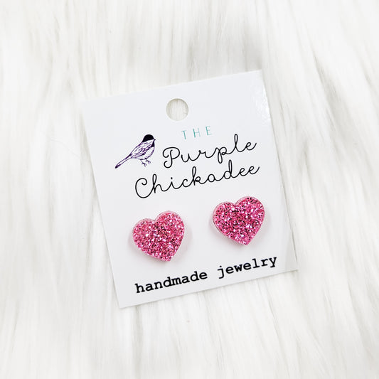 Pink Glitter Acrylic Heart Stud Earrings
