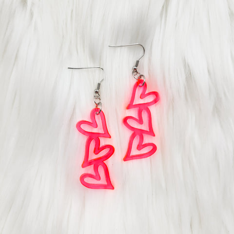 Stacked Heart Trio Fluorescent Pink Acrylic Dangle Earrings