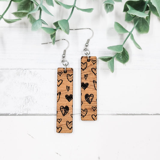 Sketched Hearts Bar Wooden Dangle Earrings