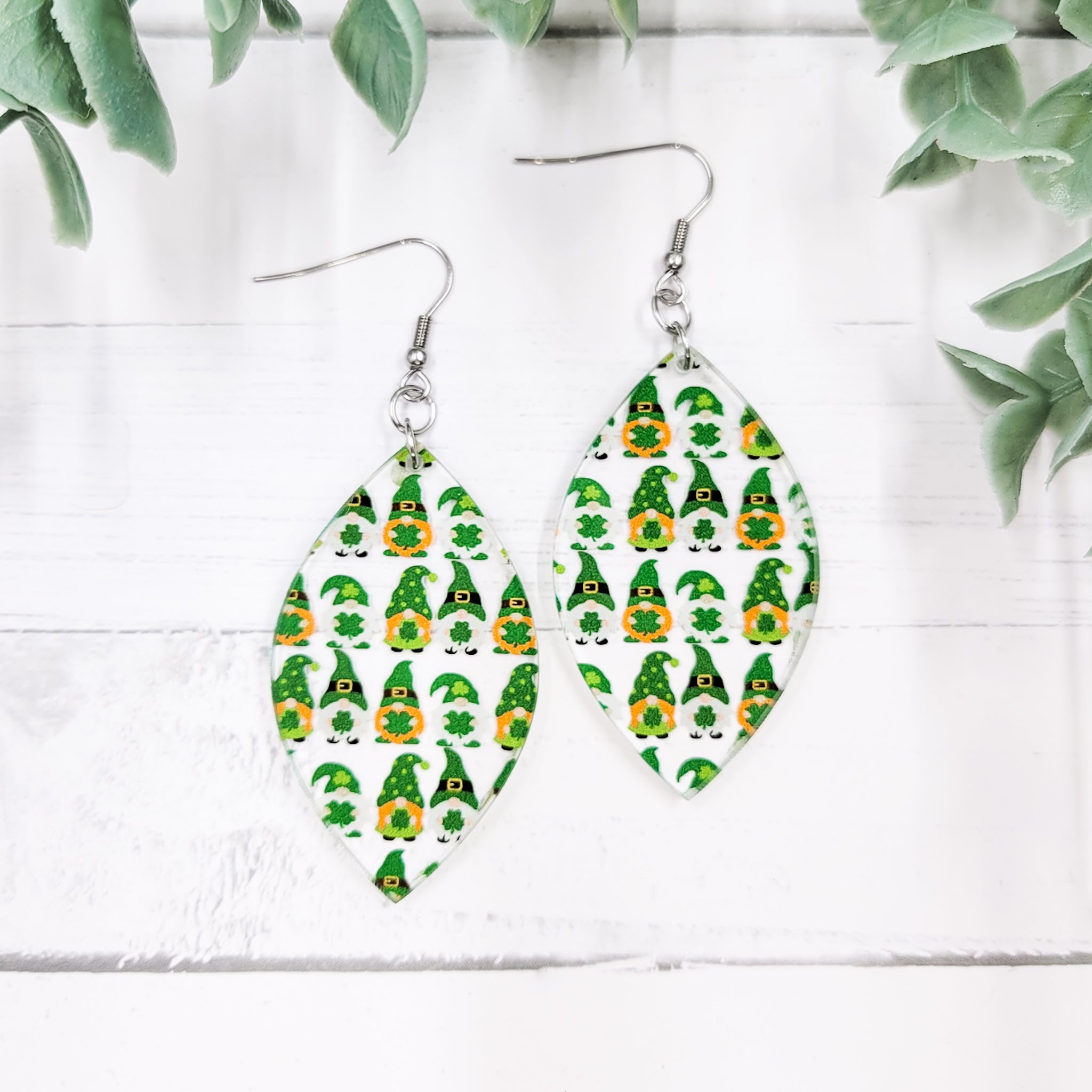 St. Patty's Day Gnomes Pointed Petal Acrylic Dangle Earrings