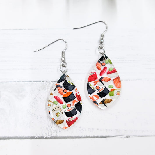 Sushi Acrylic Pointed Teardrop Dangle Earrings