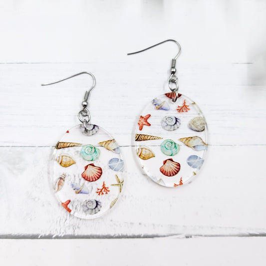 Sea Shell Acrylic Oval Dangle Earrings