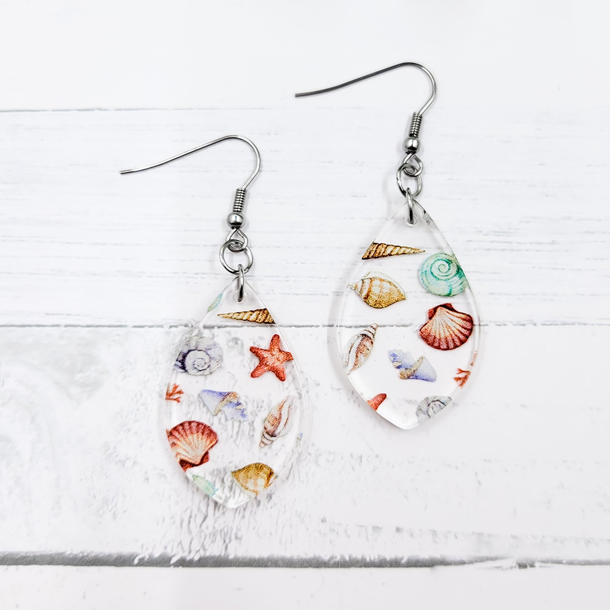 Sea Shells Acrylic Pointed Teardrop Dangle Earrings