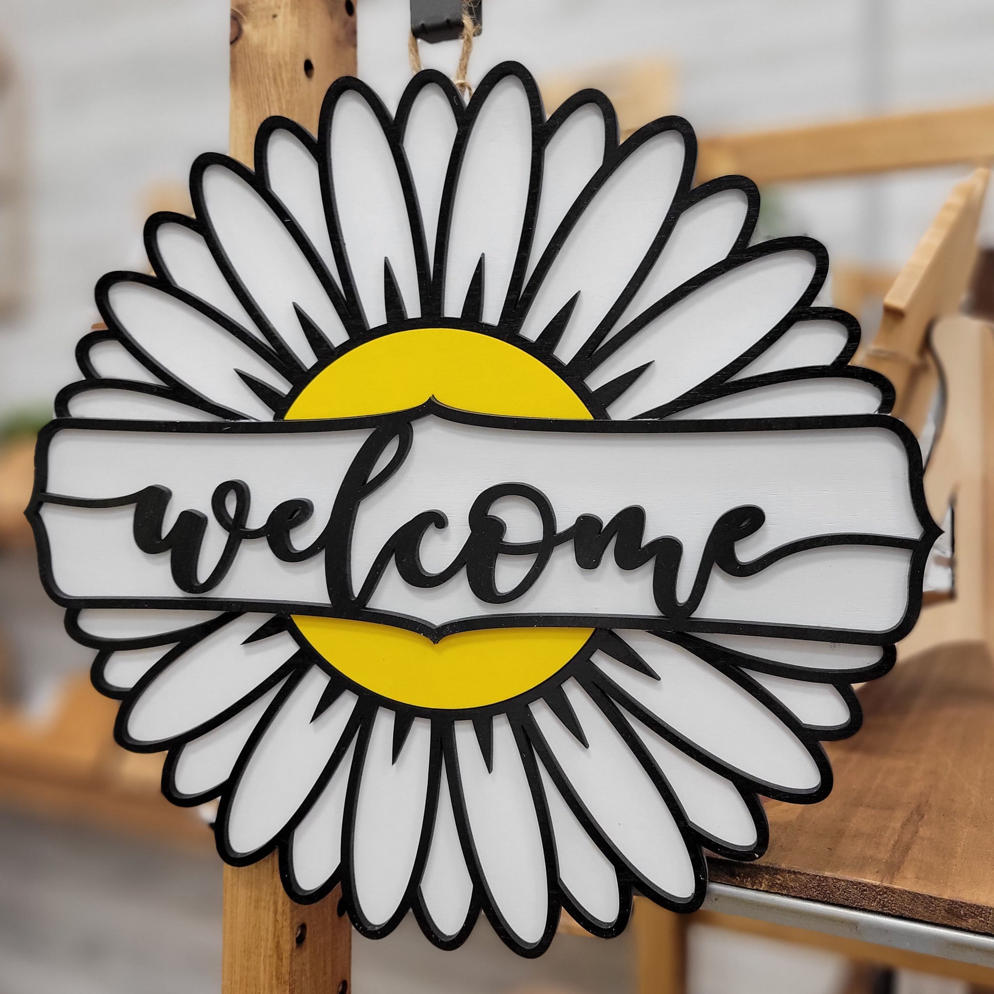 White Daisy Welcome Wooden Door Hanger