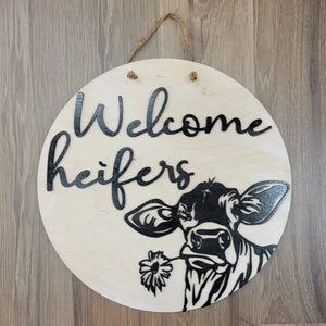 16" Welcome Heifers Round Wooden Door Hanger