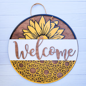 16" Welcome Sunflower Round Wooden Door Hanger