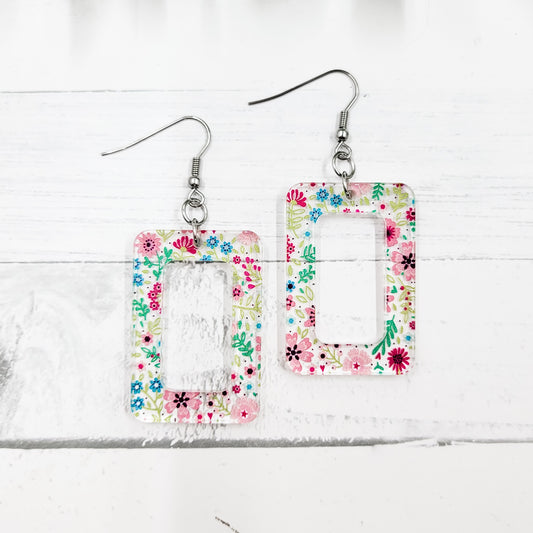 Tropical Micro Floral Acrylic Open Rectangle  Dangle Earrings