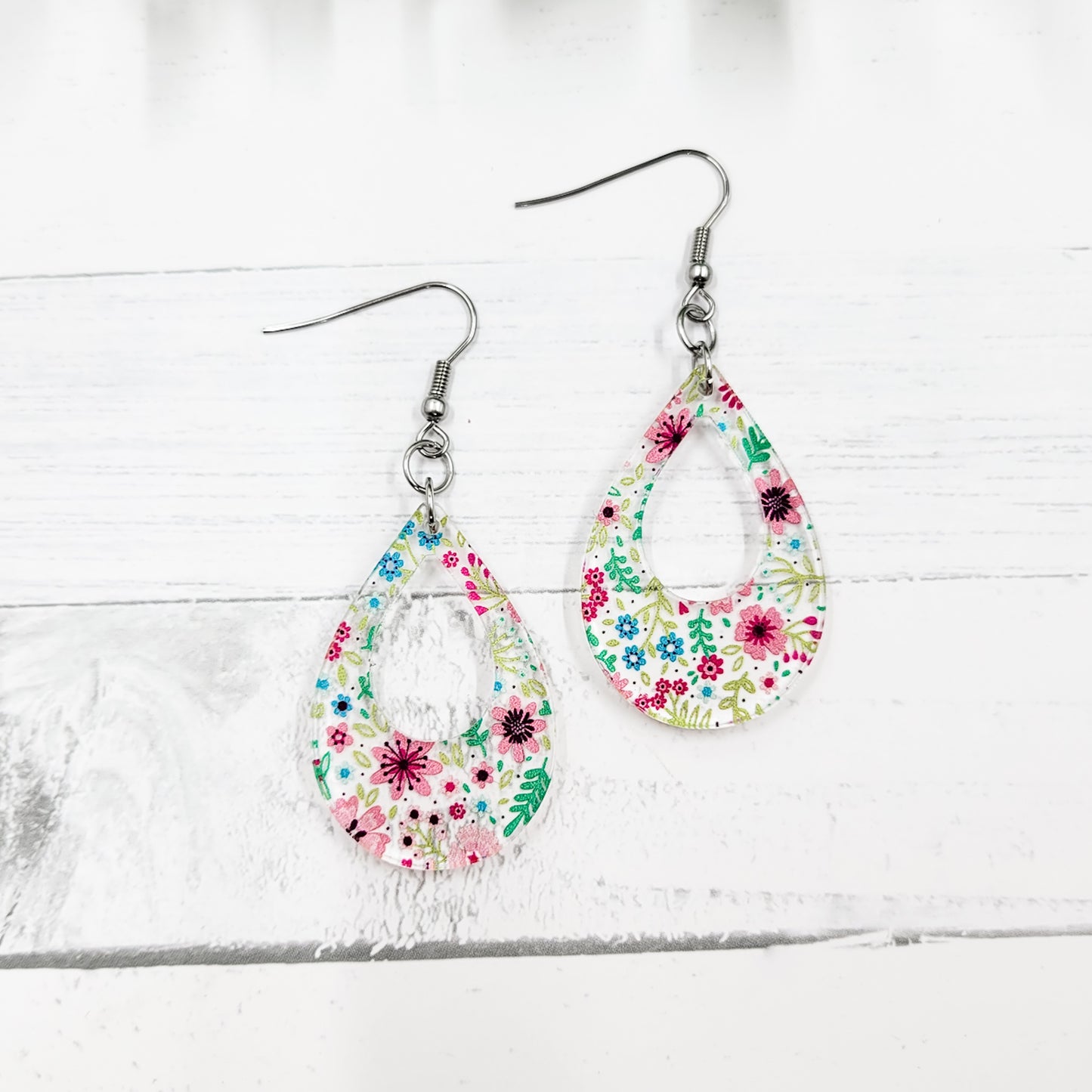 Tropical Micro Floral Acrylic Open Teardrop Dangle Earrings