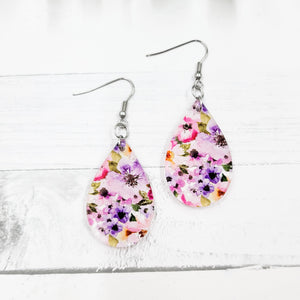 Purple Watercolor Floral Acrylic Teardrop Dangle Earrings