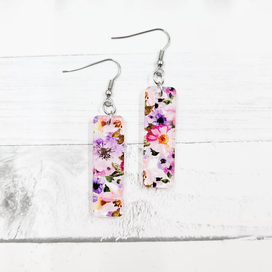 Purple Watercolor Floral Acrylic Bar Dangle Earrings