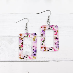 Purple Watercolor Floral Acrylic Open Rectangle  Dangle Earrings