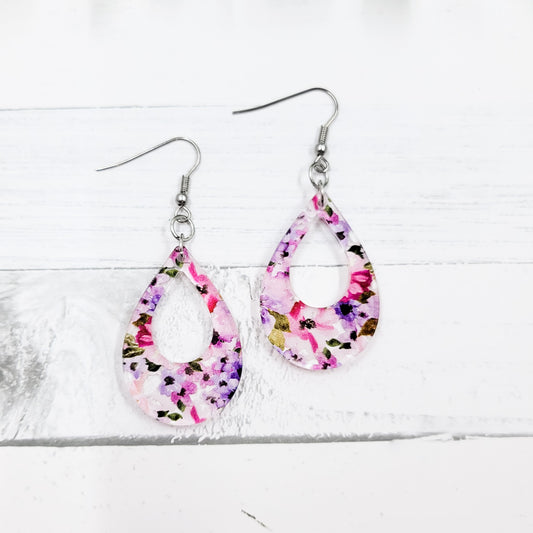 Purple Watercolor Floral Acrylic Open Teardrop Dangle Earrings