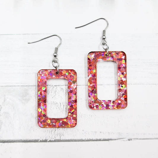 Pink Holographic Glitter Acrylic Open Rectangle  Dangle Earrings