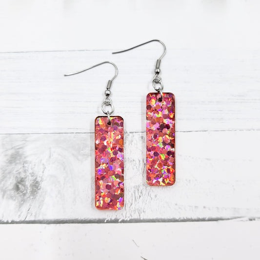 Pink Holographic Glitter Acrylic Bar Dangle Earrings