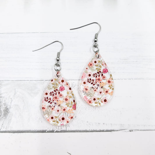 Dusty Pink Floral Acrylic Teardrop Dangle Earrings