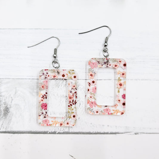 Dusty Pink Floral Acrylic Open Rectangle  Dangle Earrings