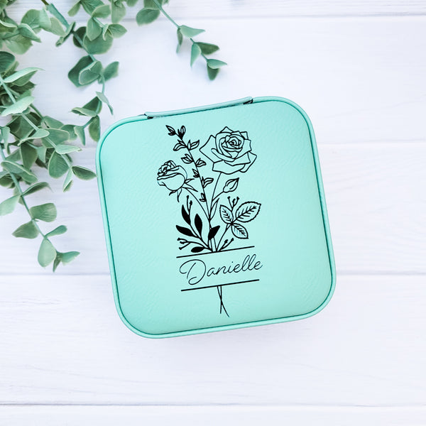 Birth Month Flower & Custom Name Teal Travel Jewelry Box