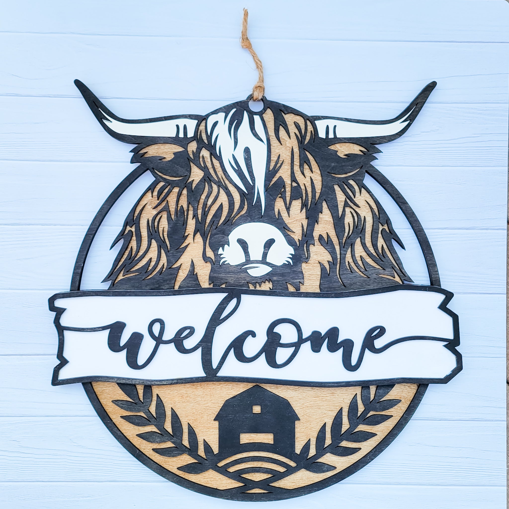 "Welcome" Highland Cow Wooden Door Hanger