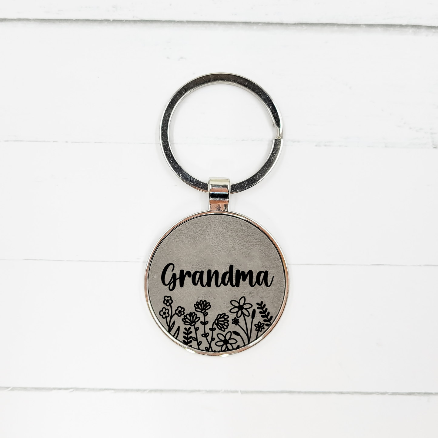 "Grandma" Floral Grey Engraved Leatherette Keychain
