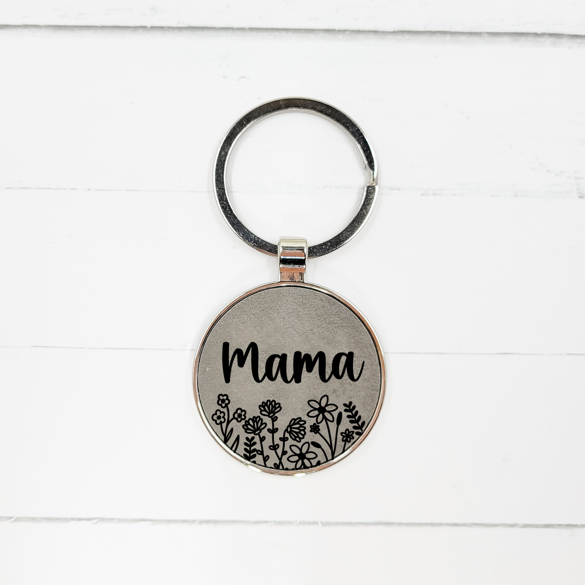 "Mama" Floral Grey Engraved Leatherette Keychain